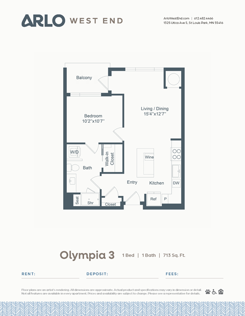 Floor plan for 1 bed, 1 bath, 713 sqft